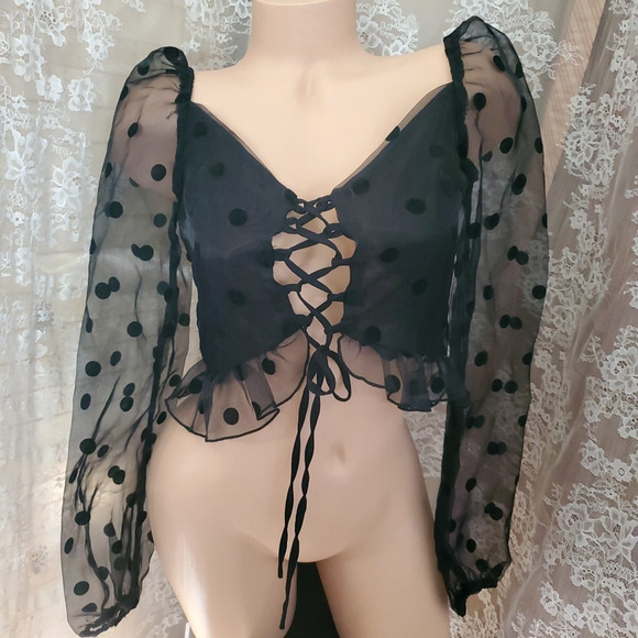 NASTY GAL Crop Top BLACK ORGANZA CORSET Puff Sleeve Sheer Goth Victorian XS - Picture 1 of 6